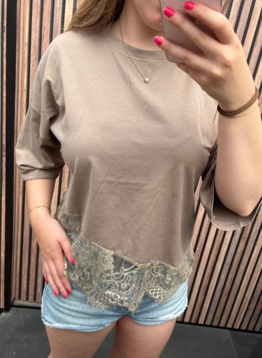 Shirt met kant - taupe